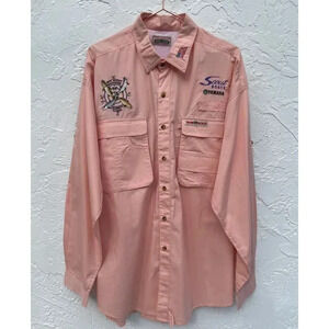 Hook and Tackle Mens Long Sleeve Button Up Fish Embroidered Vented Shirts Pink L